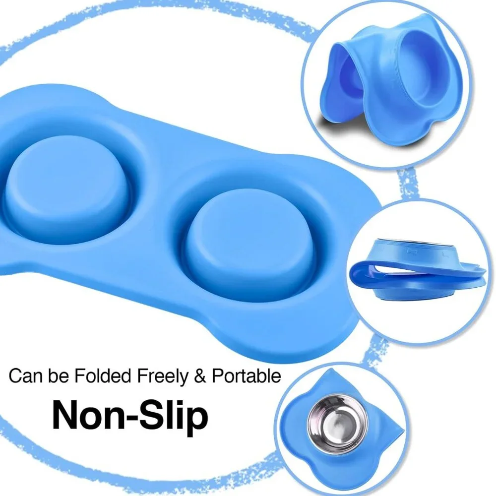2/$15 - 2 Bowl Blue Feeding Mat with Stainless Steel Bowls